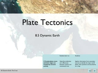 Plate Tectonics 8.5 Dynamic Earth ,[object Object],[object Object],2 Crustal plates move and their edges are marked by tectonic activity  Students: Students learn to: 