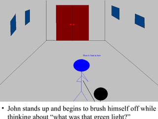 John stands up and begins to brush himself off while thinking about “what was that green light?” 