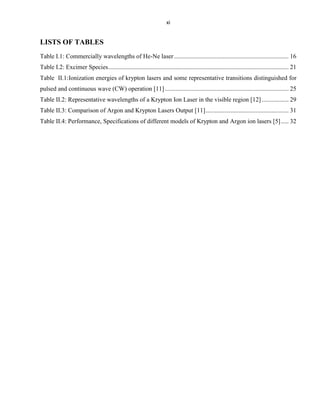xi

LISTS OF TABLES
Table I.1: Commercially wavelengths of He-Ne laser ......................................................................... 16
Table I.2: Excimer Species ................................................................................................................... 21
Table II.1:Ionization energies of krypton lasers and some representative transitions distinguished for
pulsed and continuous wave (CW) operation [11] ............................................................................... 25
Table II.2: Representative wavelengths of a Krypton Ion Laser in the visible region [12] ................. 29
Table II.3: Comparison of Argon and Krypton Lasers Output [11] ..................................................... 31
Table II.4: Performance, Specifications of different models of Krypton and Argon ion lasers [5] ..... 32

 