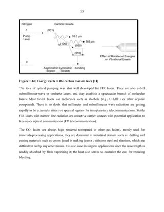 23

Figure 1.14: Energy levels in the carbon dioxide laser [11]
The idea of optical pumping was also well developed for FIR lasers. They are also called
submillimeter-wave or terahertz lasers, and they establish a spectacular branch of molecular
lasers. Most far-IR lasers use molecules such as alcohols (e.g., CH3OH) or other organic
compounds. There is no doubt that millimeter and submillimeter wave radiations are getting
rapidly to be extremely attractive spectral regions for interplanetary telecommunications. Stable
FIR lasers with narrow line radiation are attractive carrier sources with potential application to
free-space optical communication (FM telecommunication).
The CO2 lasers are always high powered (compared to other gas lasers), mostly used for
materials-processing applications, they are dominant in industrial domain such as: drilling and
cutting materials such as cotton (used in making jeans) ; stainless steel and titanium, which are
difficult to cut by any other means. It is also used in surgical applications since the wavelength is
readily absorbed by flesh vaporizing it; the heat also serves to cauterize the cut, for reducing
bleeding.

 