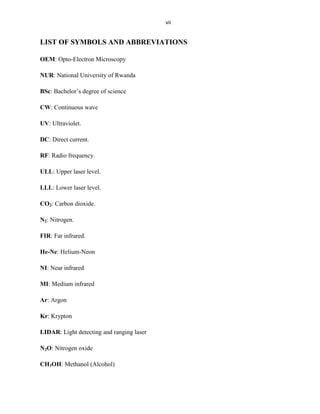 vii

LIST OF SYMBOLS AND ABBREVIATIONS
OEM: Opto-Electron Microscopy
NUR: National University of Rwanda
BSc: Bachelor’s degree of science
CW: Continuous wave
UV: Ultraviolet.
DC: Direct current.
RF: Radio frequency.
ULL: Upper laser level.
LLL: Lower laser level.
CO2: Carbon dioxide.
N2: Nitrogen.
FIR: Far infrared.
He-Ne: Helium-Neon
NI: Near infrared
MI: Medium infrared
Ar: Argon
Kr: Krypton
LIDAR: Light detecting and ranging laser
N2O: Nitrogen oxide
CH3OH: Methanol (Alcohol)

 