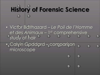History of Forensic Science

• Victor Balthazard – Le Poil de l’Homme
  et des Animaux – 1st comprehensive
  study of hair
• Calvin Goddard – comparison
  microscope
 