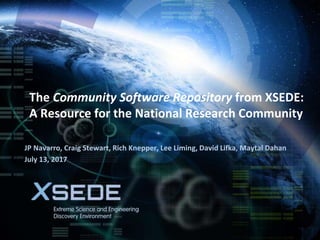 August 15, 2016
The Community Software Repository from XSEDE:
A Resource for the National Research Community
JP Navarro, Craig Stewart, Rich Knepper, Lee Liming, David Lifka, Maytal Dahan
July 13, 2017
 