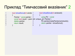 Приклад “Тимчасовий вказівник” 2
1 bool showDonut(int windowId)
2 {
3 Painter * const painter = makePainter(windowId);
4 const bool result = painter->showDonut();
5 delete painter;
6 return result;
7 }
1 bool showDonut(int windowId)
2 {
3 using Ptr = const
std::unique_ptr<Painter>;
4 Ptr painter(makePainter(windowId));
5 return painter->showDonut();
6 }
 
