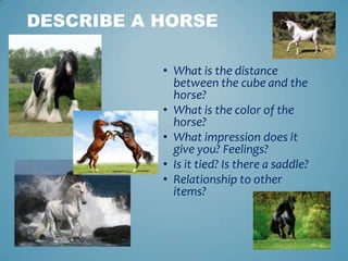 • What is the distance
between the cube and the
horse?
• What is the color of the
horse?
• What impression does it
give you? Feelings?
• Is it tied? Is there a saddle?
• Relationship to other
items?
DESCRIBE A HORSE
 