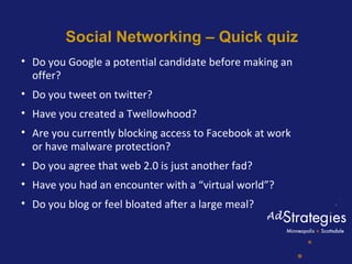 Social Networking – Quick quiz <ul><li>Do you Google a potential candidate before making an offer?  </li></ul><ul><li>Do y...