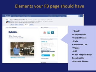 Elements your FB page should have <ul><li>“ FANS” </li></ul><ul><li>Company Info </li></ul><ul><li>Candid Photos </li></ul...