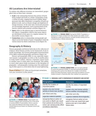 C H A P T E R 1 This Is Geography 5
All Locations Are Interrelated
To explain why different locations are interrelated, geogra-
phers rely on three basic concepts:
• Scale is the relationship between the portion of Earth
being studied and Earth as a whole. Geographers study
a variety of scales, ranging from local to global. Many
processes that affect humanity’s occupation of Earth are
global in scale, such as climate change and depletion of
energy resources. At the same time, local-scale processes
are increasingly important, such as preservation of dis-
tinctive cultural and economic activities (Figure 1-3).
• Space refers to the physical gap or interval between
two objects. Geographers observe that many objects
are distributed across space in a regular manner, for
discernible reasons (Figure 1-4).
• Connection refers to relationships among people and
objects across the barrier of space. Geographers study the
various means by which connections occur (Figure 1-5).
Geography  History
Human geography and history both rely on the collection of
evidence about human activity. In his framework of all sci-
entific knowledge, the German philosopher Immanuel Kant
(1724–1804) compared geography and history (Figure 1-6).
History and geography differ in one especially impor-
tant manner: A geographer can drive or fly to another place
to study Earth’s surface, whereas a historian cannot travel
to another time to study other eras firsthand. This ability
to reach other places lends excitement to the discipline of
geography—and geographic training raises the understand-
ing of other spaces to a level above that of casual sightseeing.
Pause  Reflect 1.1.1 What are the principal connections
from your hometown to other places?
FIGURE 1-3 WUHAN: SCALE These health-care
workers in Wuhan were among the first in the world
to receive COVID-19 ­
vaccinations. China’s vaccina-
tion cards look different than those issued in the
United States by the Centers for Disease Control and
Prevention.
FIGURE 1-4 WUHAN: SPACE During the COVID-19 pandemic, a
distance of 2 meters (6 feet) from other people was widely recom-
mended as a safe social distance, as these workers eating lunch at
a Honda factory in Wuhan demonstrate.
FIGURE 1-5 WUHAN: CONNECTIONS (a) In an early attempt
to control the spread of COVID-19, Australia quarantined people
traveling to the country from Wuhan for 2 weeks in Christmas
Island. (b) These Australian citizens returning from Wuhan arrive at
Canberra Airport in Australia after their release from quarantine.
Christmas Island
Wuhan
CHINA
AUSTRALIA
Quarantine zone
INDIAN OCEAN
PACIFIC
OCEAN
Christmas Island
Wuhan
Canberra
CHINA
AUSTRALIA
Quarantine zone
0 1000
0 1000
2000 Miles
2000 Kilometers
(a) (b)
FIGURE 1-6 IMMANUEL KANT’S COMPARISON OF GEOGRAPHY AND HISTORY
28
 