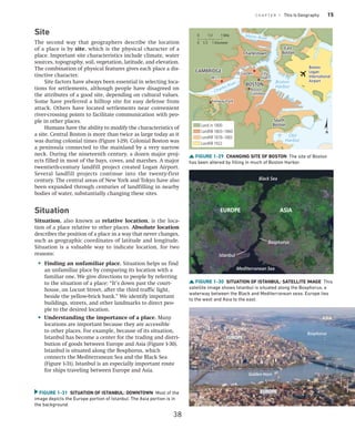 C H A P T E R 1 This Is Geography 15
FIGURE 1-31 SITUATION OF ISTANBUL: DOWNTOWN Most of the
image depicts the Europe portion of Istanbul. The Asia portion is in
the background.
EUROPE
EUROPE
ASIA
Golden Horn
Bosphorus
Site
The second way that geographers describe the location
of a place is by site, which is the physical character of a
place. Important site characteristics include climate, water
sources, topography, soil, vegetation, latitude, and elevation.
The combination of physical features gives each place a dis-
tinctive character.
Site factors have always been essential in selecting loca-
tions for settlements, although people have disagreed on
the attributes of a good site, depending on cultural values.
Some have preferred a hilltop site for easy defense from
attack. Others have located settlements near convenient
river-­
crossing points to facilitate communication with peo-
ple in other places.
Humans have the ability to modify the characteristics of
a site. Central Boston is more than twice as large today as it
was during colonial times (Figure 1-29). Colonial Boston was
a peninsula connected to the mainland by a very narrow
neck. During the nineteenth century, a dozen major proj-
ects filled in most of the bays, coves, and marshes. A major
­
twentieth-century landfill project created Logan ­
Airport.
­
Several landfill projects continue into the twenty-first
­
century. The central areas of New York and Tokyo have also
been expanded through centuries of landfilling in nearby
bodies of water, substantially changing these sites.
Situation
Situation, also known as relative location, is the loca-
tion of a place relative to other places. Absolute location
describes the position of a place in a way that never changes,
such as geographic coordinates of latitude and longitude.
­
Situation is a valuable way to indicate location, for two
reasons:
• Finding an unfamiliar place. Situation helps us find
an unfamiliar place by comparing its location with a
familiar one. We give directions to people by referring
to the situation of a place: “It’s down past the court-
house, on Locust Street, after the third traffic light,
beside the yellow-brick bank.” We identify important
buildings, streets, and other landmarks to direct peo-
ple to the desired location.
• Understanding the importance of a place. Many
locations are important because they are accessible
to other places. For example, because of its situation,
Istanbul has become a center for the trading and distri-
bution of goods between Europe and Asia (Figure 1-30).
Istanbul is situated along the Bosphorus, which
connects the Mediterranean Sea and the Black Sea
(Figure 1-31). Istanbul is an especially important route
for ships traveling between Europe and Asia.
FIGURE 1-29 CHANGING SITE OF BOSTON The site of Boston
has been altered by filling in much of Boston Harbor.
Charles River
Mystic River
Boston
Harbor
Old
Harbor
BOSTON
Charlestown
CAMBRIDGE
East
Boston
South
Boston
Boston
Logan
International
Airport
M.I.T.
TD Garden City
Hall
Boston
Common
Fenway Park
Charles River
Mystic River
Boston
Harbor
Old
Harbor
BOSTON
Charlestown
CAMBRIDGE
East
Boston
South
Boston
Boston
Logan
International
Airport
M.I.T.
TD Garden City
Hall
Boston
Common
Fenway Park
0 1/2
0 1/2
1 Mile
1 Kilometer
Land in 1800
Landfill 1803–1860
Landfill 1878–1883
Landfill 1922
EUROPE ASIA
Black Sea
Mediterranean Sea
Bosphorus
Istanbul
FIGURE 1-30 SITUATION OF ISTANBUL: SATELLITE IMAGE This
satellite image shows Istanbul is situated along the Bosphorus, a
waterway between the Black and Mediterranean seas. Europe lies
to the west and Asia to the east.
38
 