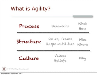What is Agility?

                                                            What
                         Process               Behaviors
                                                             How


                                             Roles, Teams    Who
                     Structure              Responsibilities Where


                                                Values
                         Culture                Beliefs
                                                             Why


       © 2011 Trail Ridge Consulting, LLC


Wednesday, August 17, 2011
 