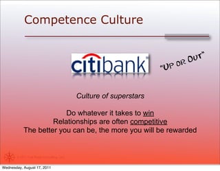 Competence Culture


                                                                            O ut”
                                                                        r
                                                                    “Upo



                                            Culture of superstars

                        Do whatever it takes to win
                    Relationships are often competitive
           The better you can be, the more you will be rewarded


       © 2011 Trail Ridge Consulting, LLC


Wednesday, August 17, 2011
 