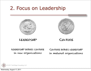 2. Focus on Leadership




                            Leadership             Culture


              Leadership drives culture     Culture drives leadership
                in new organizations        in matured organizations




       © 2011 Trail Ridge Consulting, LLC


Wednesday, August 17, 2011
 