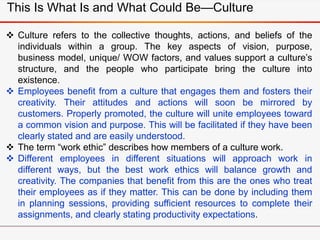  Culture refers to the collective thoughts, actions, and beliefs of the
individuals within a group. The key aspects of vision, purpose,
business model, unique/ WOW factors, and values support a culture’s
structure, and the people who participate bring the culture into
existence.
 Employees benefit from a culture that engages them and fosters their
creativity. Their attitudes and actions will soon be mirrored by
customers. Properly promoted, the culture will unite employees toward
a common vision and purpose. This will be facilitated if they have been
clearly stated and are easily understood.
 The term “work ethic” describes how members of a culture work.
 Different employees in different situations will approach work in
different ways, but the best work ethics will balance growth and
creativity. The companies that benefit from this are the ones who treat
their employees as if they matter. This can be done by including them
in planning sessions, providing sufficient resources to complete their
assignments, and clearly stating productivity expectations.
This Is What Is and What Could Be—Culture
 
