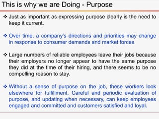 This is why we are Doing - Purpose
 Just as important as expressing purpose clearly is the need to
keep it current.
 Over time, a company’s directions and priorities may change
in response to consumer demands and market forces.
 Large numbers of reliable employees leave their jobs because
their employers no longer appear to have the same purpose
they did at the time of their hiring, and there seems to be no
compelling reason to stay.
 Without a sense of purpose on the job, these workers look
elsewhere for fulfillment. Careful and periodic evaluation of
purpose, and updating when necessary, can keep employees
engaged and committed and customers satisfied and loyal.
 