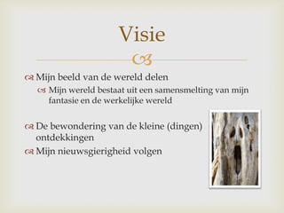 Mijn beeld van de wereld delenMijn wereld bestaat uit een samensmelting van mijn fantasie en de werkelijke wereld  De bewondering van de kleine (dingen) ontdekkingenMijn nieuwsgierigheid volgenVisie