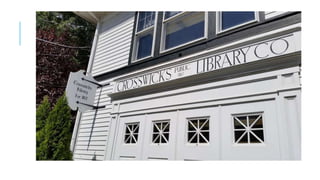 CROSSWICKS LIBRARY-CURRENT 
DAY 
•Crosswicks current population is roughly around 
11,000 people 
•The library has roughly...