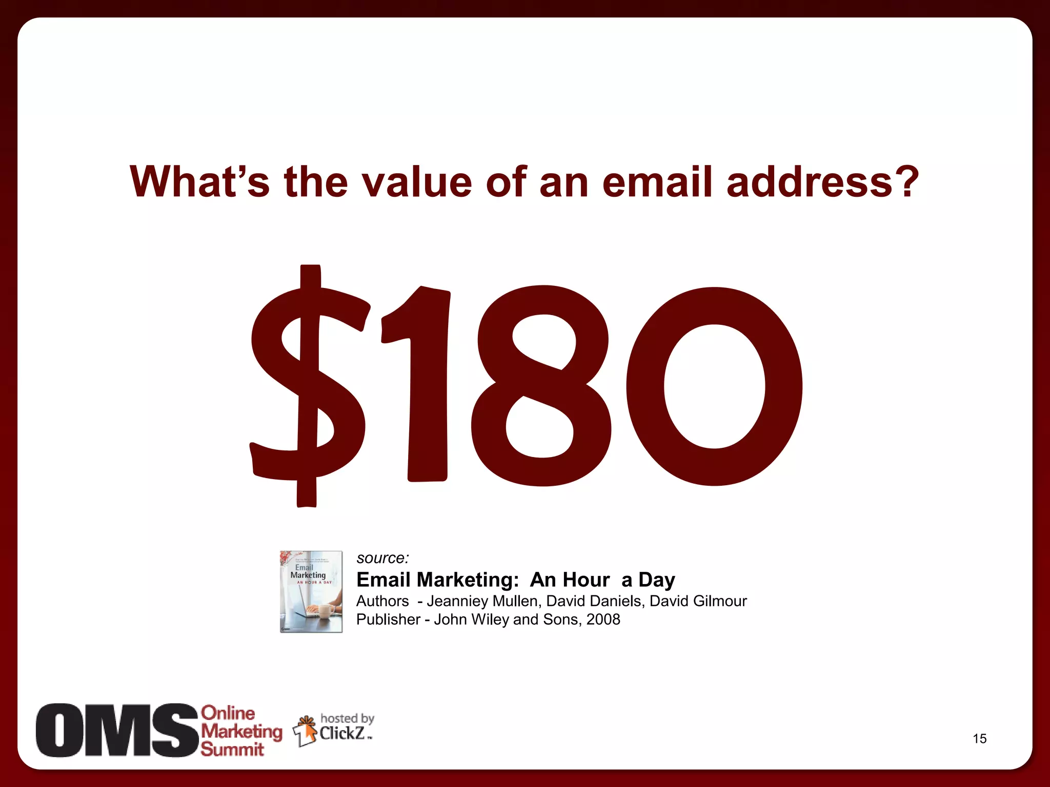 What’s the value of an email address?




          source:
          Email Marketing: An Hour a Day
          Authors - Jeanniey Mullen, David Daniels, David Gilmour
          Publisher - John Wiley and Sons, 2008




                                                                    15
 
