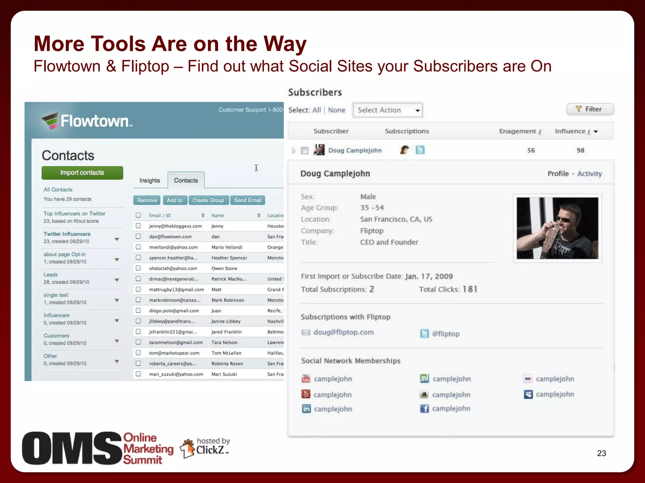 More Tools Are on the Way
Flowtown & Fliptop – Find out what Social Sites your Subscribers are On




                                                                          23
 