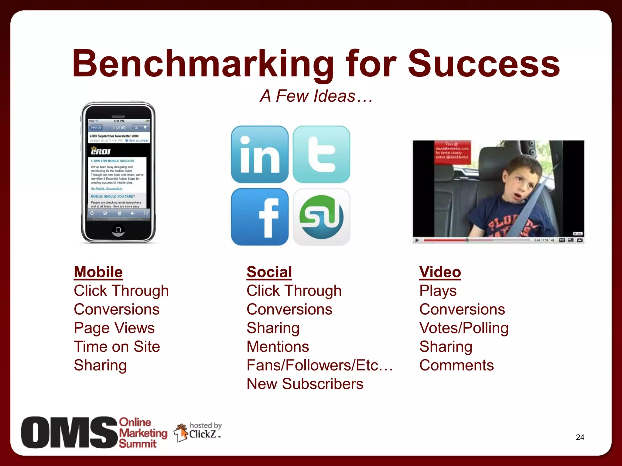 Benchmarking for Success
                 A Few Ideas…




Mobile          Social                Video
Click Through   Click Through         Plays
Conversions     Conversions           Conversions
Page Views      Sharing               Votes/Polling
Time on Site    Mentions              Sharing
Sharing         Fans/Followers/Etc…   Comments
                New Subscribers


                                                      24
 