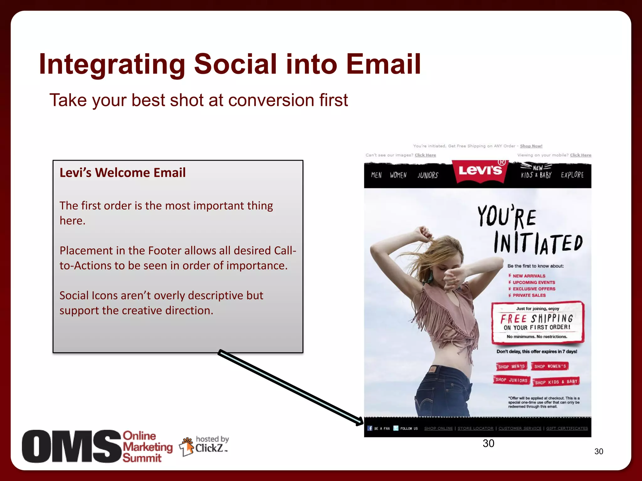 Integrating Social into Email
Take your best shot at conversion first


 Levi’s Welcome Email

 The first order is the most important thing
 here.

 Placement in the Footer allows all desired Call-
 to-Actions to be seen in order of importance.

 Social Icons aren’t overly descriptive but
 support the creative direction.




                                                    30
                                                         30
 
