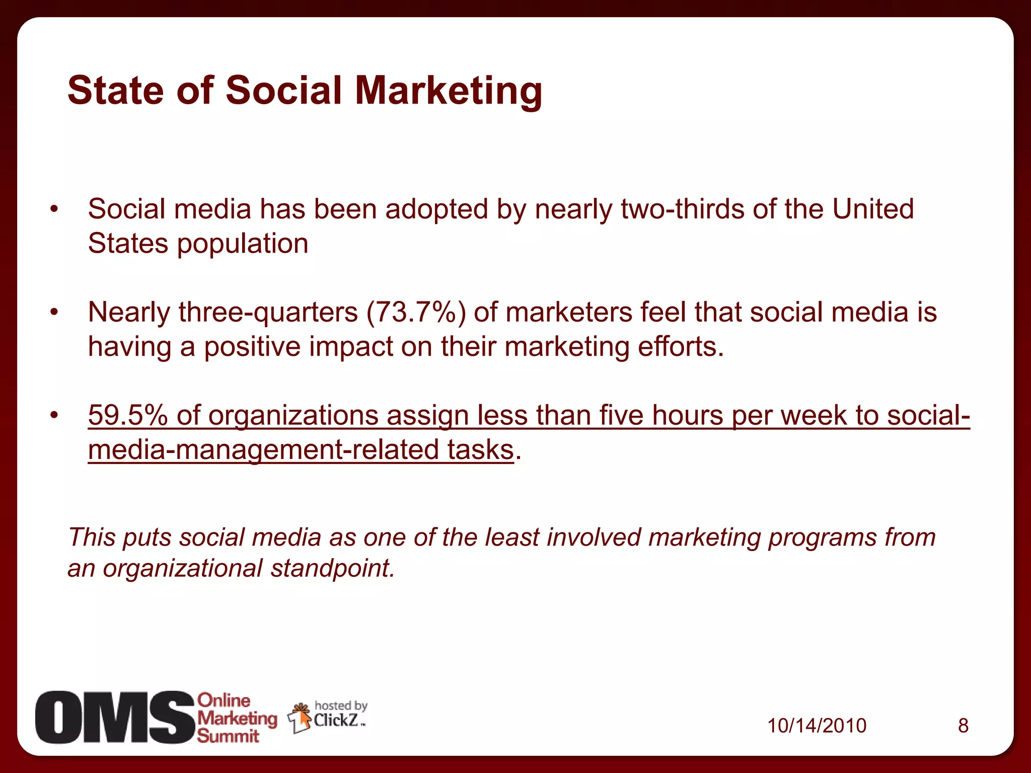 State of Social Marketing

• Social media has been adopted by nearly two-thirds of the United
  States population

• Nearly three-quarters (73.7%) of marketers feel that social media is
  having a positive impact on their marketing efforts.

• 59.5% of organizations assign less than five hours per week to social-
  media-management-related tasks.


 This puts social media as one of the least involved marketing programs from
 an organizational standpoint.




                                                             10/14/2010        8
 
