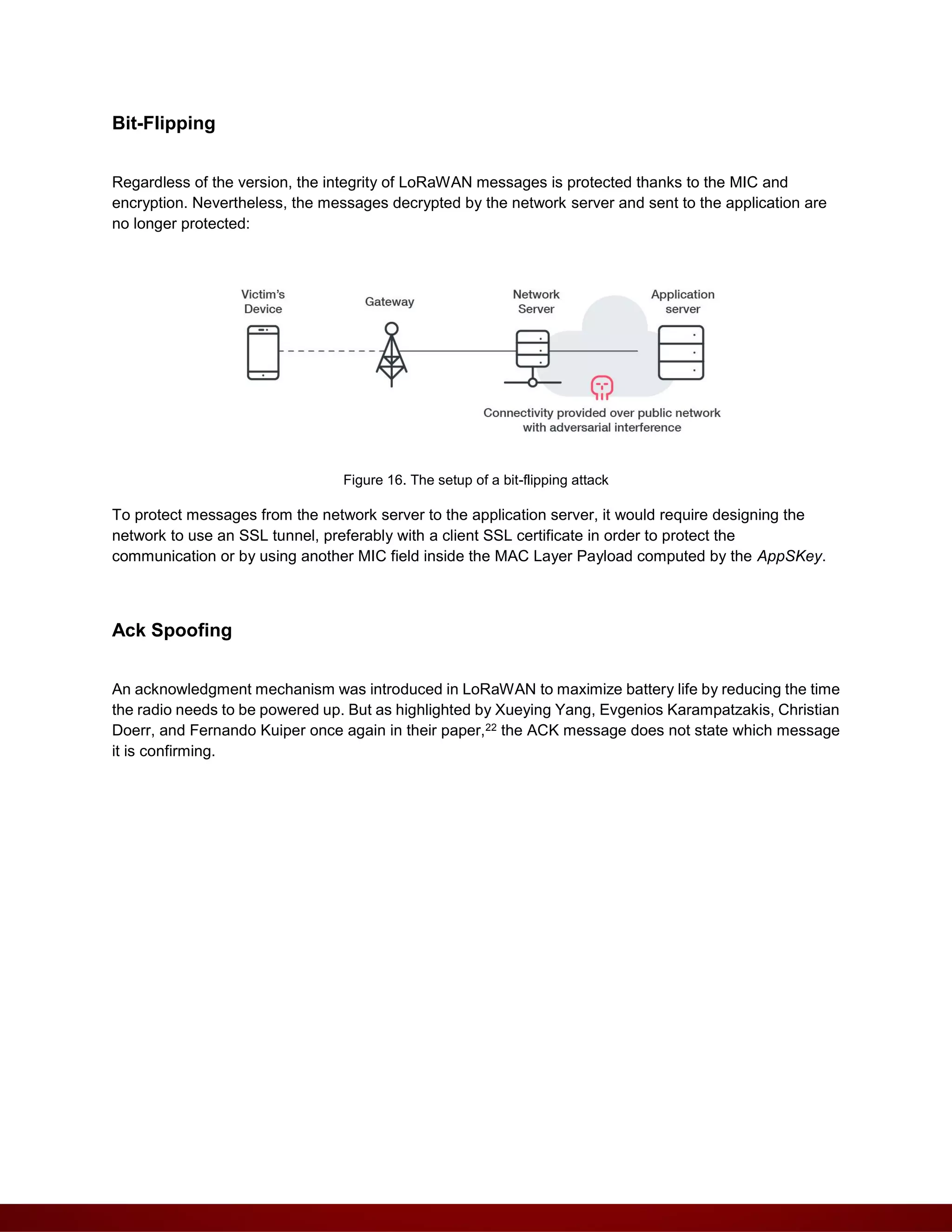Bit-Flipping
Regardless of the version, the integrity of LoRaWAN messages is protected thanks to the MIC and
encryption. Nevertheless, the messages decrypted by the network server and sent to the application are
no longer protected:
Figure 16. The setup of a bit-flipping attack
To protect messages from the network server to the application server, it would require designing the
network to use an SSL tunnel, preferably with a client SSL certificate in order to protect the
communication or by using another MIC field inside the MAC Layer Payload computed by the AppSKey.
Ack Spoofing
An acknowledgment mechanism was introduced in LoRaWAN to maximize battery life by reducing the time
the radio needs to be powered up. But as highlighted by Xueying Yang, Evgenios Karampatzakis, Christian
Doerr, and Fernando Kuiper once again in their paper,22 the ACK message does not state which message
it is confirming.
 