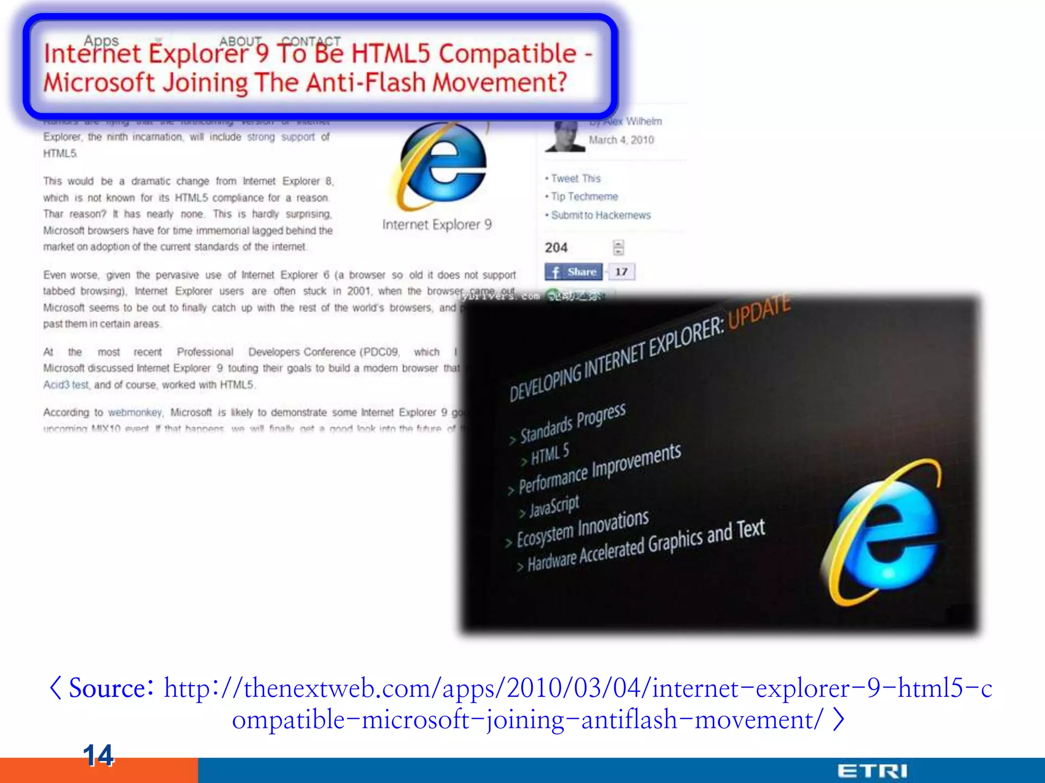 14< Source: http://thenextweb.com/apps/2010/03/04/internet-explorer-9-html5-compatible-microsoft-joining-antiflash-movement/>