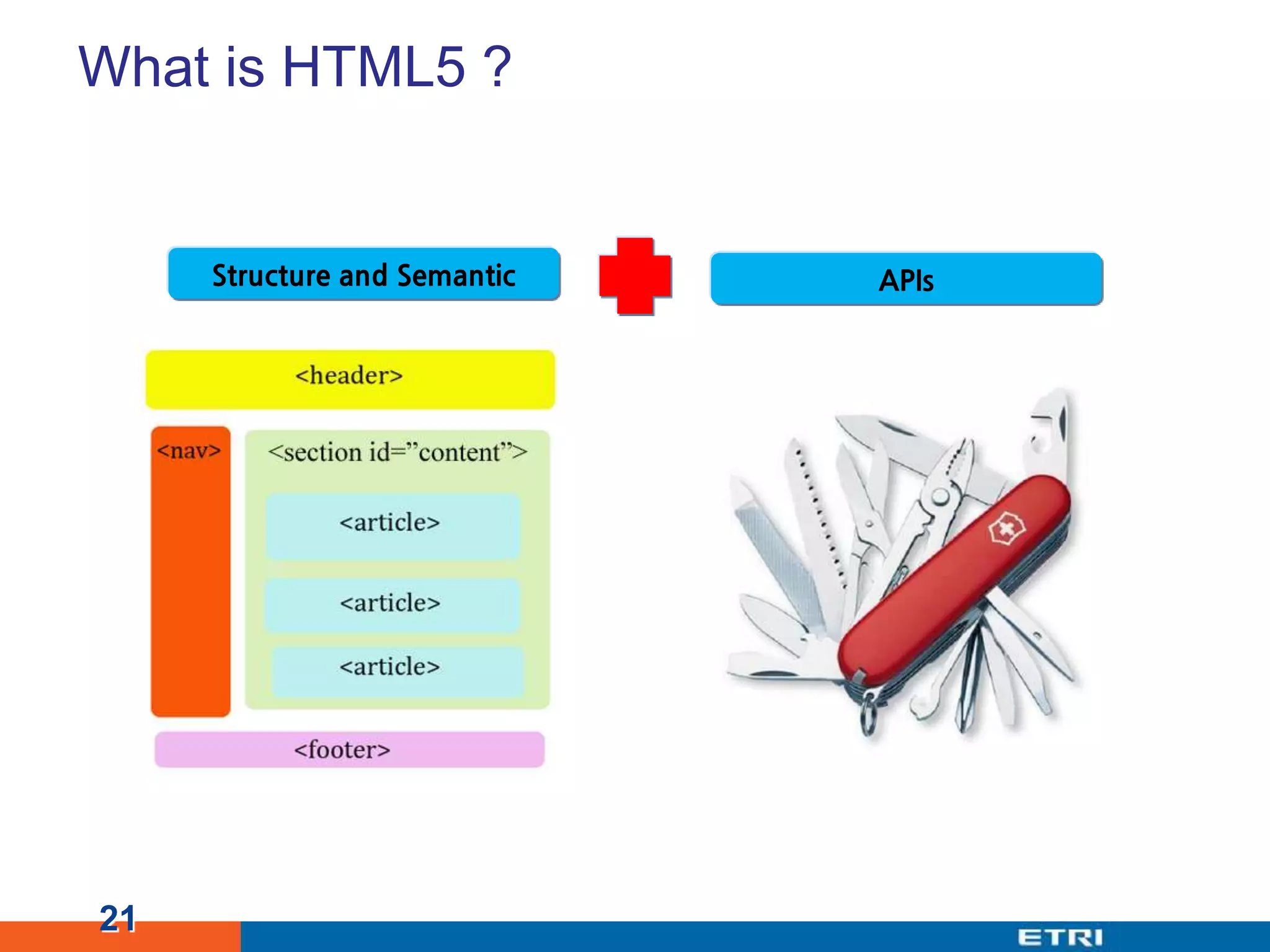 What is HTML5 ?21Structure and SemanticAPIs