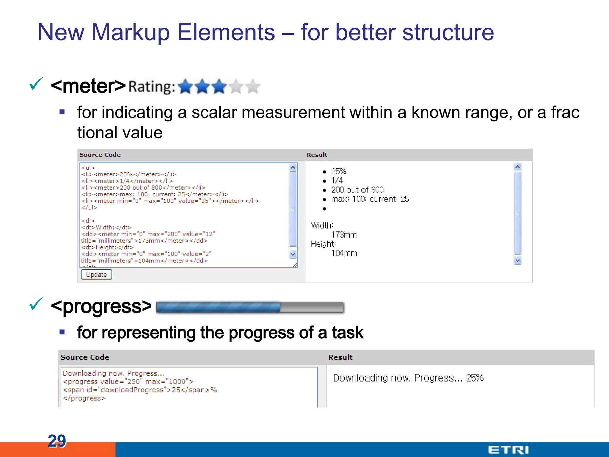 New Markup Elements – for better structure<meter>for indicating a scalar measurement within a known range, or a fractional value<progress>for representing the progress of a task29