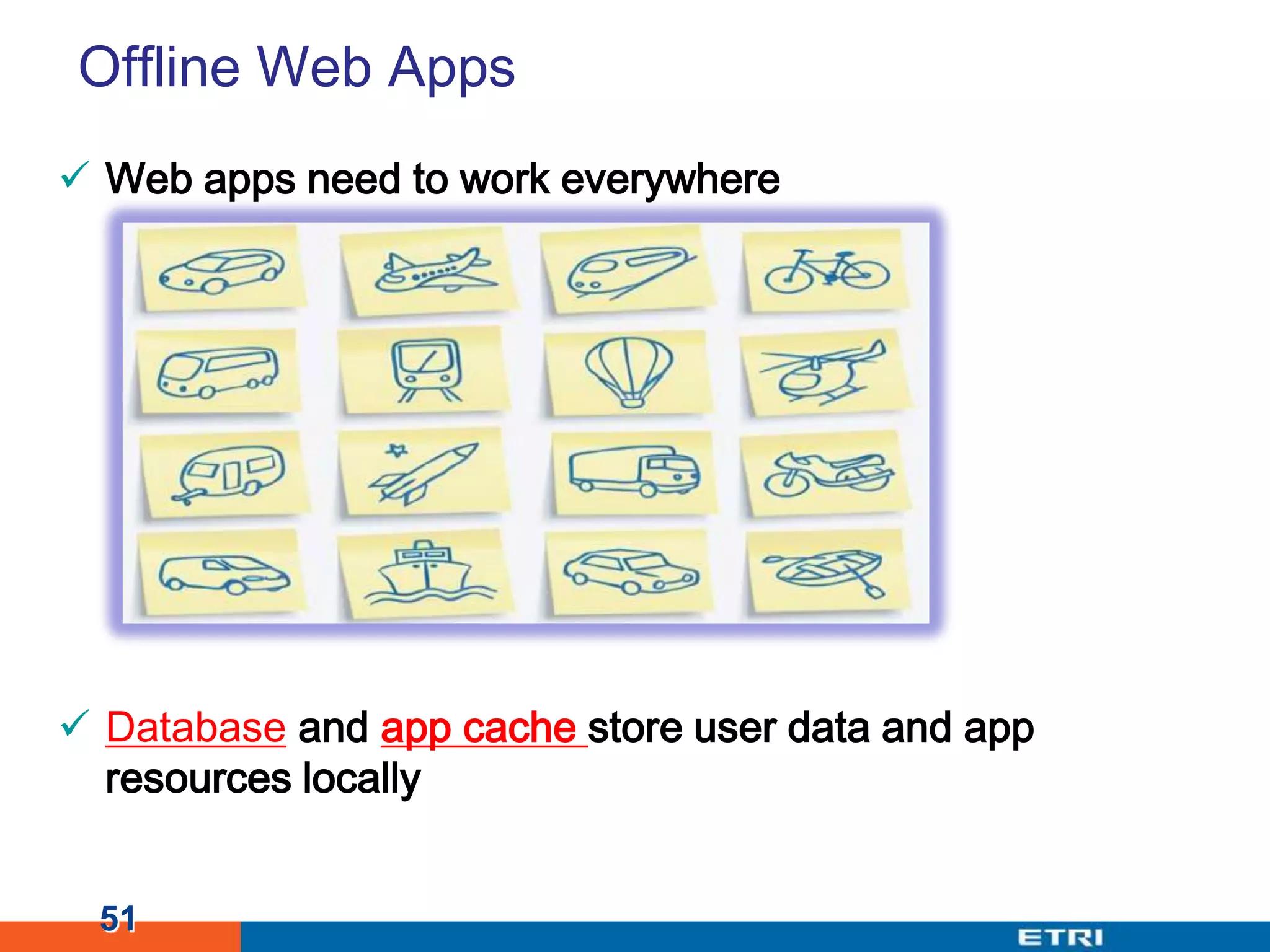 Offline Web AppsWeb apps need to work everywhereDatabase and app cache store user data and app resources locally51
