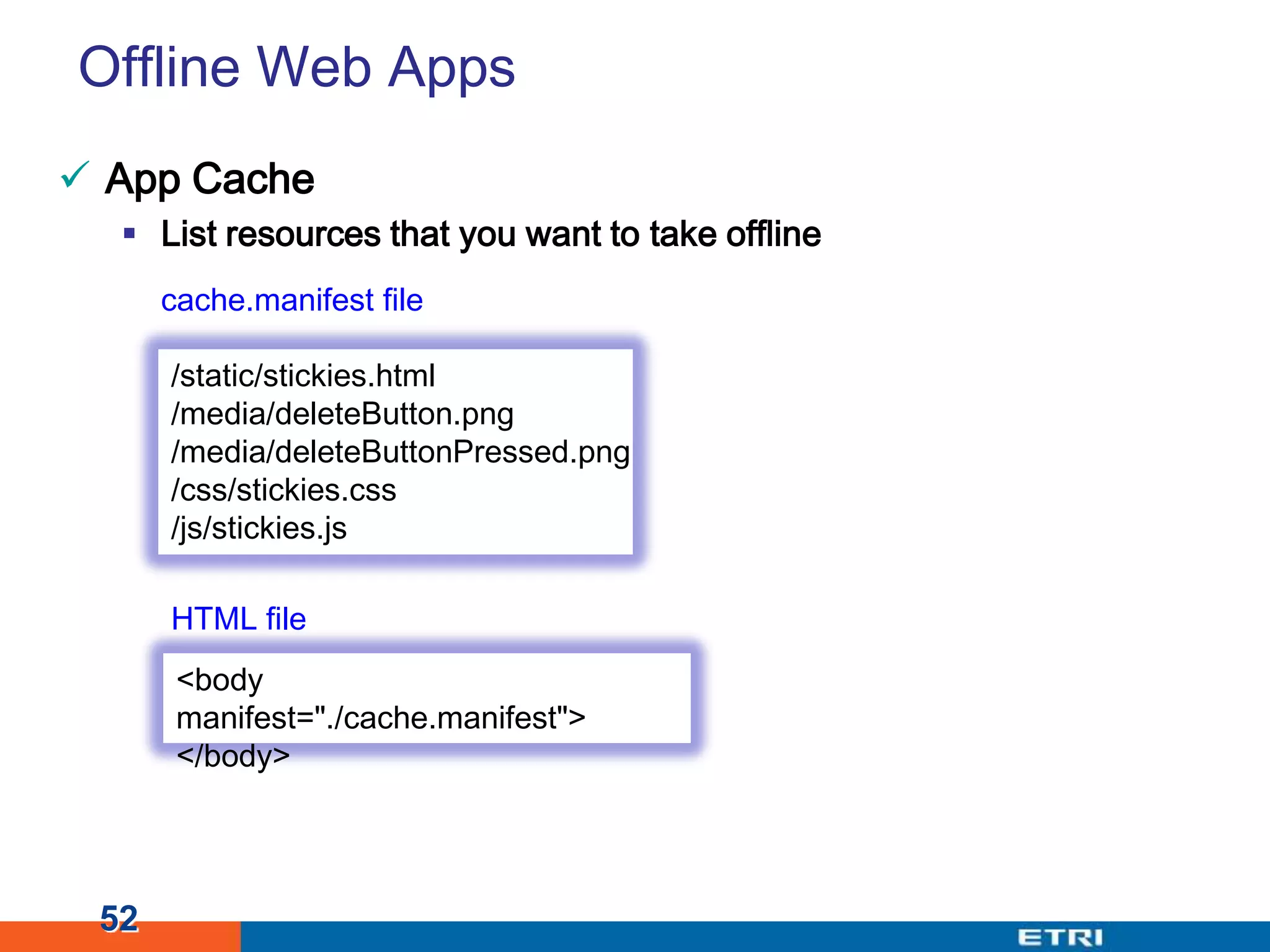 Offline Web AppsApp CacheList resources that you want to take offline52cache.manifest file/static/stickies.html/media/deleteButton.png/media/deleteButtonPressed.png/css/stickies.css/js/stickies.jsHTML file<body manifest="./cache.manifest"></body>