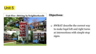 Unit 5
Objectives:
❏ SWBAT describe the correct way
to make legal left and right turns
at intersections with simple stop
signs.
 