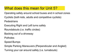 What does this mean for Unit 5?
Operating safely around school buses and in school zones
Cyclists (both kids, adults and competitive cyclists)
Pedestrians
Executing Right and Left turns safely
Roundabouts (i.e. traffic circles)
Backing out of a driveway
Potholes
Speed Bumps
Simple Parking Maneuvers (Perpendicular and Angled)
Turning your car around safely (i.e. turnabouts)
 