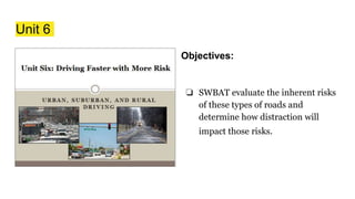 Unit 6
Objectives:
❏ SWBAT evaluate the inherent risks
of these types of roads and
determine how distraction will
impact those risks.
 