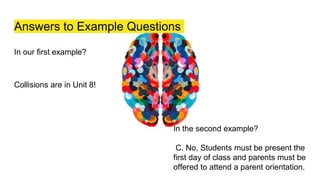 In our first example?
Collisions are in Unit 8!
In the second example?
C. No, Students must be present the
first day of class and parents must be
offered to attend a parent orientation.
Answers to Example Questions
 