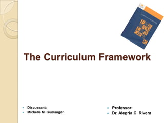 The Curriculum Framework



   Discussant:             Professor:
   Michelle M. Gumangan    Dr. Alegria C. Rivera
 