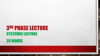 3RD PHASE LECTURE
SYSTEMIC LECTURE
20 HOURS
 