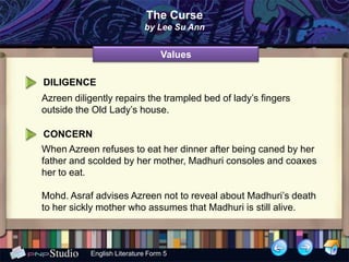 The Curse
                            by Lee Su Ann


                                 Values

DILIGENCE
Azreen diligently repairs the trampled bed of lady’s fingers
outside the Old Lady’s house.

CONCERN
When Azreen refuses to eat her dinner after being caned by her
father and scolded by her mother, Madhuri consoles and coaxes
her to eat.

Mohd. Asraf advises Azreen not to reveal about Madhuri’s death
to her sickly mother who assumes that Madhuri is still alive.



           English Literature Form 5
 