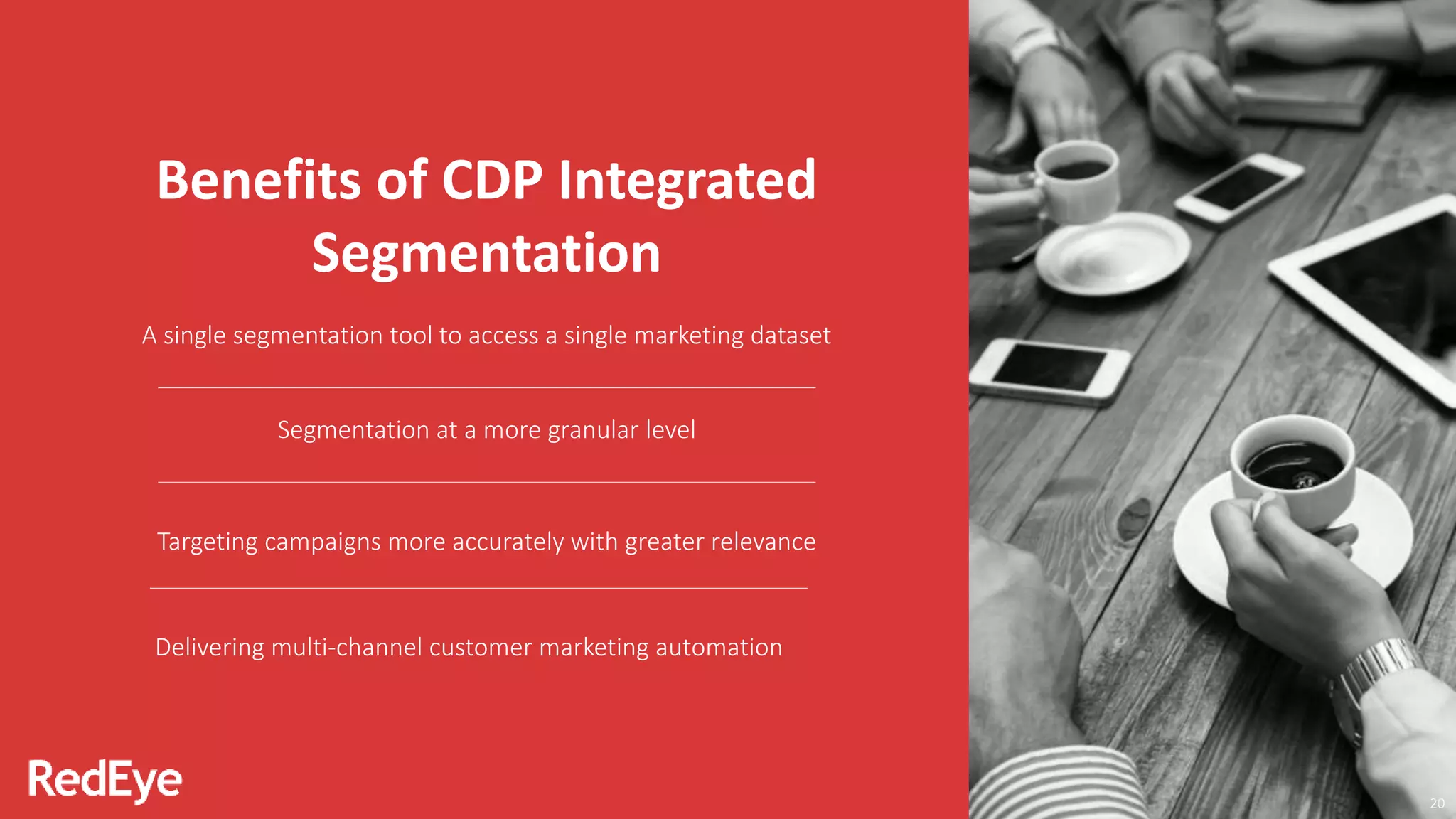 A single segmentation tool to access a single marketing dataset
Targeting campaigns more accurately with greater relevance
Segmentation at a more granular level
Benefits of CDP Integrated
Segmentation
Delivering multi-channel customer marketing automation
20
 