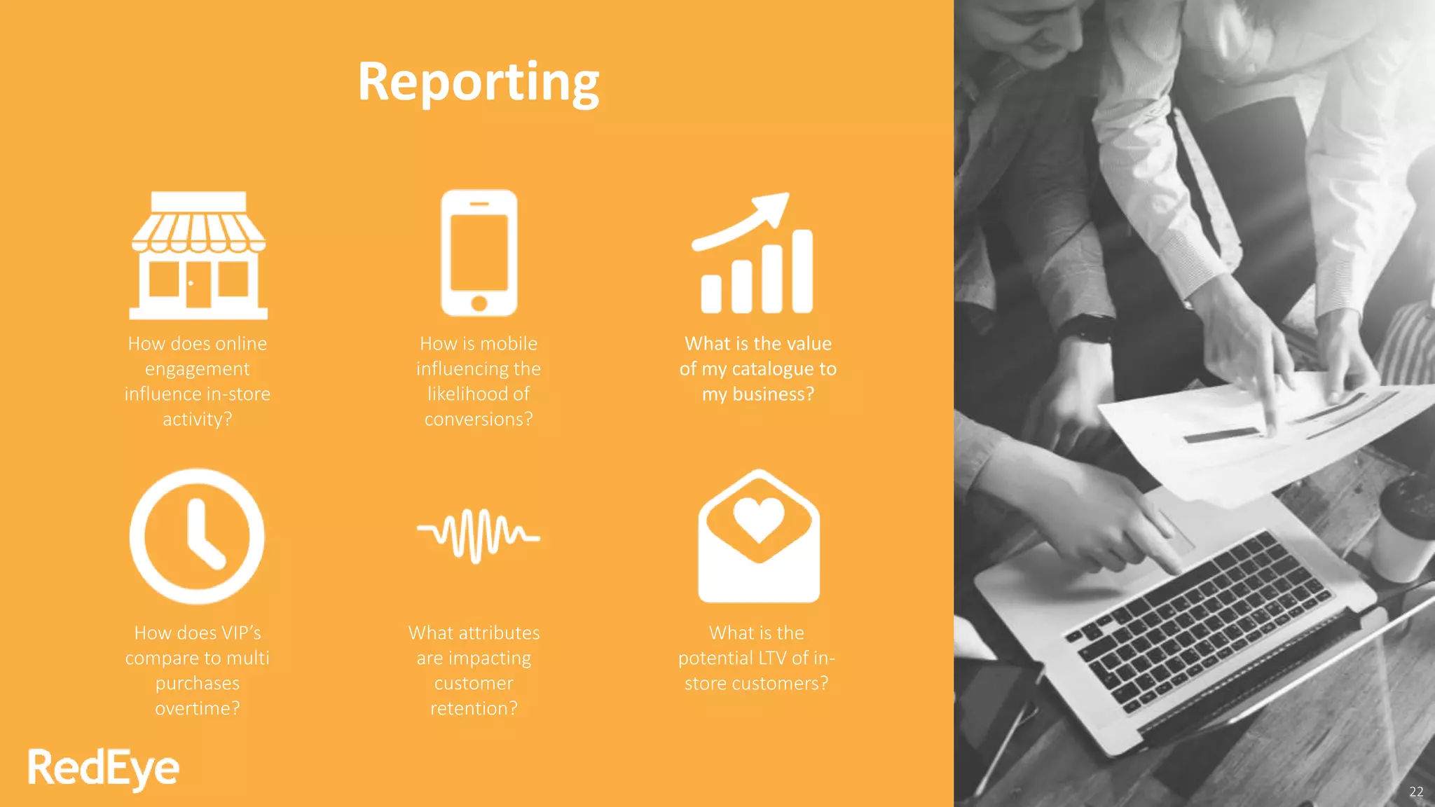 Reporting
How does online
engagement
influence in-store
activity?
How is mobile
influencing the
likelihood of
conversions?
What is the value
of my catalogue to
my business?
How does VIP’s
compare to multi
purchases
overtime?
What attributes
are impacting
customer
retention?
What is the
potential LTV of in-
store customers?
22
 