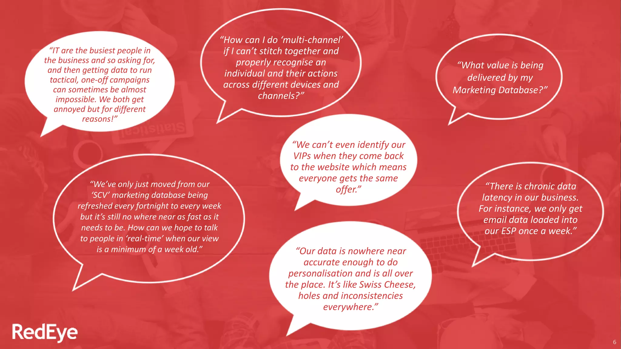 “How can I do ‘multi-channel’
if I can’t stitch together and
properly recognise an
individual and their actions
across different devices and
channels?”
“IT are the busiest people in
the business and so asking for,
and then getting data to run
tactical, one-off campaigns
can sometimes be almost
impossible. We both get
annoyed but for different
reasons!”
“There is chronic data
latency in our business.
For instance, we only get
email data loaded into
our ESP once a week.”
“What value is being
delivered by my
Marketing Database?”
6
“We’ve only just moved from our
‘SCV’ marketing database being
refreshed every fortnight to every week
but it’s still no where near as fast as it
needs to be. How can we hope to talk
to people in ‘real-time’ when our view
is a minimum of a week old.”
“We can’t even identify our
VIPs when they come back
to the website which means
everyone gets the same
offer.”
“Our data is nowhere near
accurate enough to do
personalisation and is all over
the place. It’s like Swiss Cheese,
holes and inconsistencies
everywhere.”
 