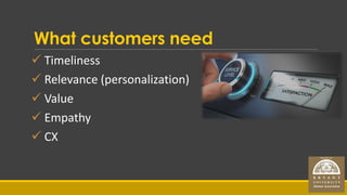 What customers need
 Timeliness
 Relevance (personalization)
 Value
 Empathy
 CX
Hosted by
 
