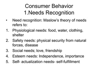 Consumer Behavior
1.Needs Recognition
• Need recognition: Maslow’s theory of needs
refers to:
1. Physiological needs: food, water, clothing,
shelter
2. Safety needs: physical security from natural
forces, disease
3. Social needs; love, friendship
4. Esteem needs: Independence, importance
5. Self- actualization needs- self-fulfillment
 