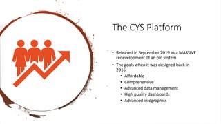 The CYS Platform
• Released in September 2019 as a MASSIVE
redevelopment of an old system
• The goals when it was designed...