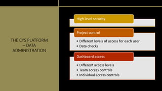 THE CYS PLATFORM
– DATA
ADMINISTRATION
High level security
• Different levels of access for each user
• Data checks
Projec...