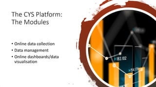 The CYS Platform:
The Modules
• Online data collection
• Data management
• Online dashboards/data
visualisation
 