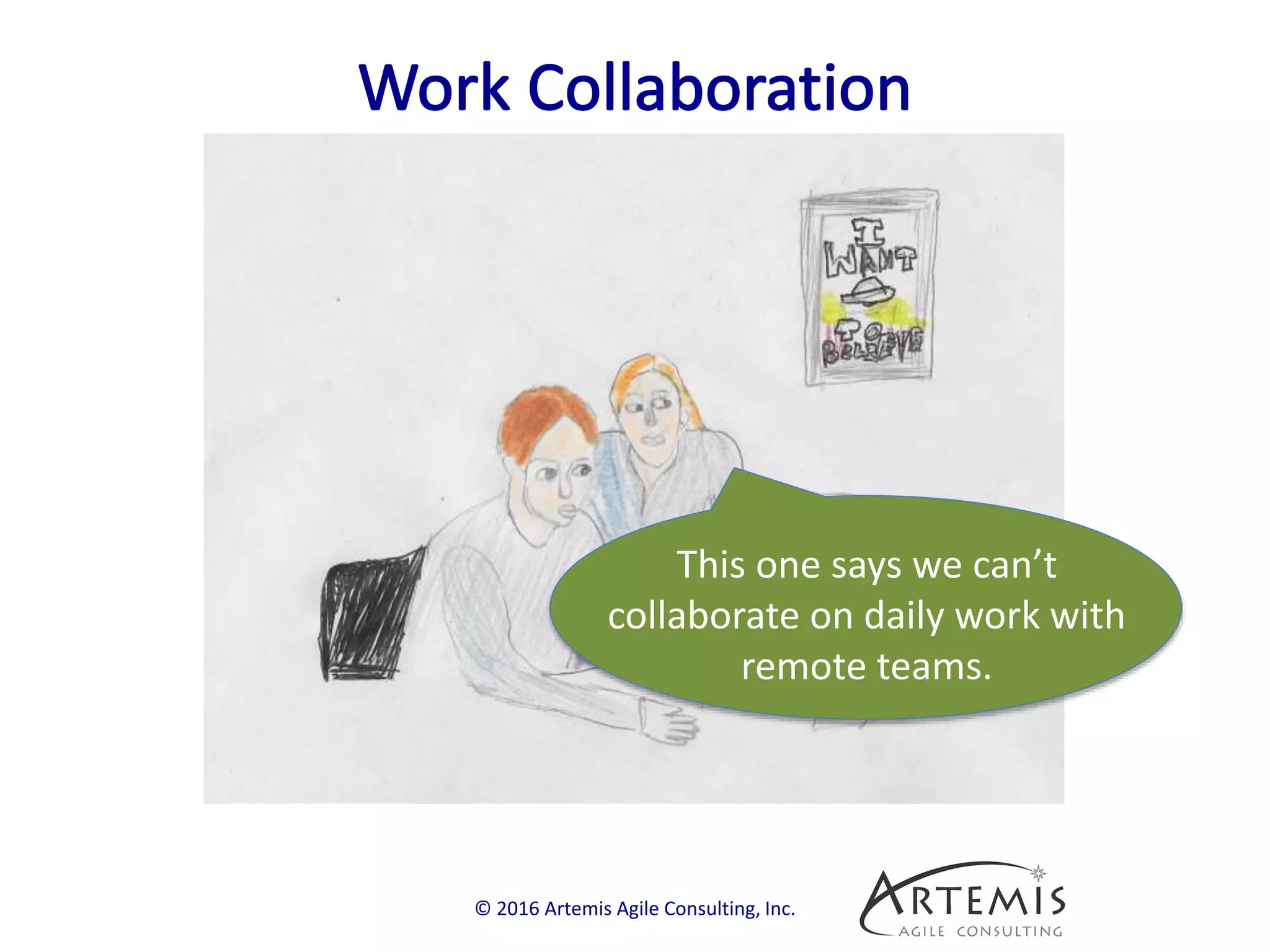 © 2016 Artemis Agile Consulting, Inc.
This one says we can’t
collaborate on daily work with
remote teams.
 
