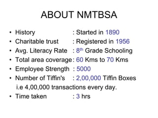 ABOUT NMTBSA
• History : Started in 1890
• Charitable trust : Registered in 1956
• Avg. Literacy Rate : 8th Grade Schooling
• Total area coverage: 60 Kms to 70 Kms
• Employee Strength : 5000
• Number of Tiffin's : 2,00,000 Tiffin Boxes
i.e 4,00,000 transactions every day.
• Time taken : 3 hrs
 