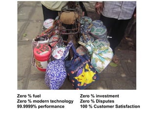 Zero % fuel Zero % investment
Zero % modern technology Zero % Disputes
99.9999% performance 100 % Customer Satisfaction
 