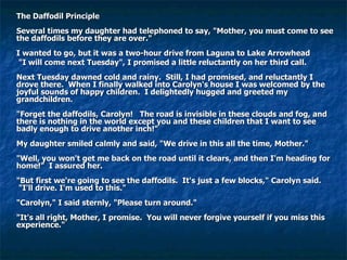 The Daffodil Principle    Several times my daughter had telephoned to say, "Mother, you must come to see the daffodils before they are over."    I wanted to go, but it was a two-hour drive from Laguna to Lake Arrowhead     "I will come next Tuesday", I promised a little reluctantly on her third call.  Next Tuesday dawned cold and rainy.  Still, I had promised, and reluctantly I drove there.  When I finally walked into Carolyn's house I was welcomed by the joyful sounds of happy children.  I delightedly hugged and greeted my grandchildren.  "Forget the daffodils, Carolyn!   The road is invisible in these clouds and fog, and there is nothing in the world except you and these children that I want to see badly enough to drive another inch!"  My daughter smiled calmly and said, "We drive in this all the time, Mother."    "Well, you won't get me back on the road until it clears, and then I'm heading for home!"  I assured her.  "But first we're going to see the daffodils.  It's just a few blocks," Carolyn said.   "I'll drive. I'm used to this."    "Carolyn," I said sternly, "Please turn around."    "It's all right, Mother, I promise.  You will never forgive yourself if you miss this experience."  